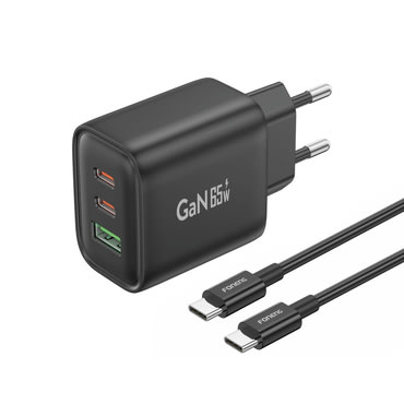 Zidni punjač Foneng "GaN10" s PD 65W, sva USB-C izlaza i USB QC3.0 izlazom za brzo punjenje - GaN punjač + USB-C kabel 1m - crni