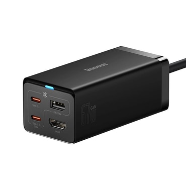 Zidni adapter za punjenje Baseus "GAN5 Pro 67W" s HDMI, USB-A i 2x USB-C izlazima i priloženim USB-C kablom - crni Zidni adapter za punjenje Baseus "GAN5 Pro 67W" s HDMI, USB-A i 2x USB-C izlazima i priloženim USB-C kablom - crni