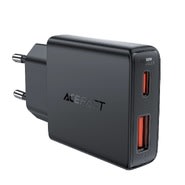 Ultra tanki zidni adapter za punjenje  Acefast "A69", s GaN tehnologijom, 1x USB-A i 1x USB-C izlazima  - 30W - crni