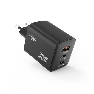 Zidni adapter Blue Star "VT-43" s GaN tehnologijom i  PD 4.0, 1x USB-A i 2x USB-C izlazima 65W - crni Zidni adapter Blue Star "VT-43" s GaN tehnologijom i  PD 4.0, 1x USB-A i 2x USB-C izlazima 65W - crni