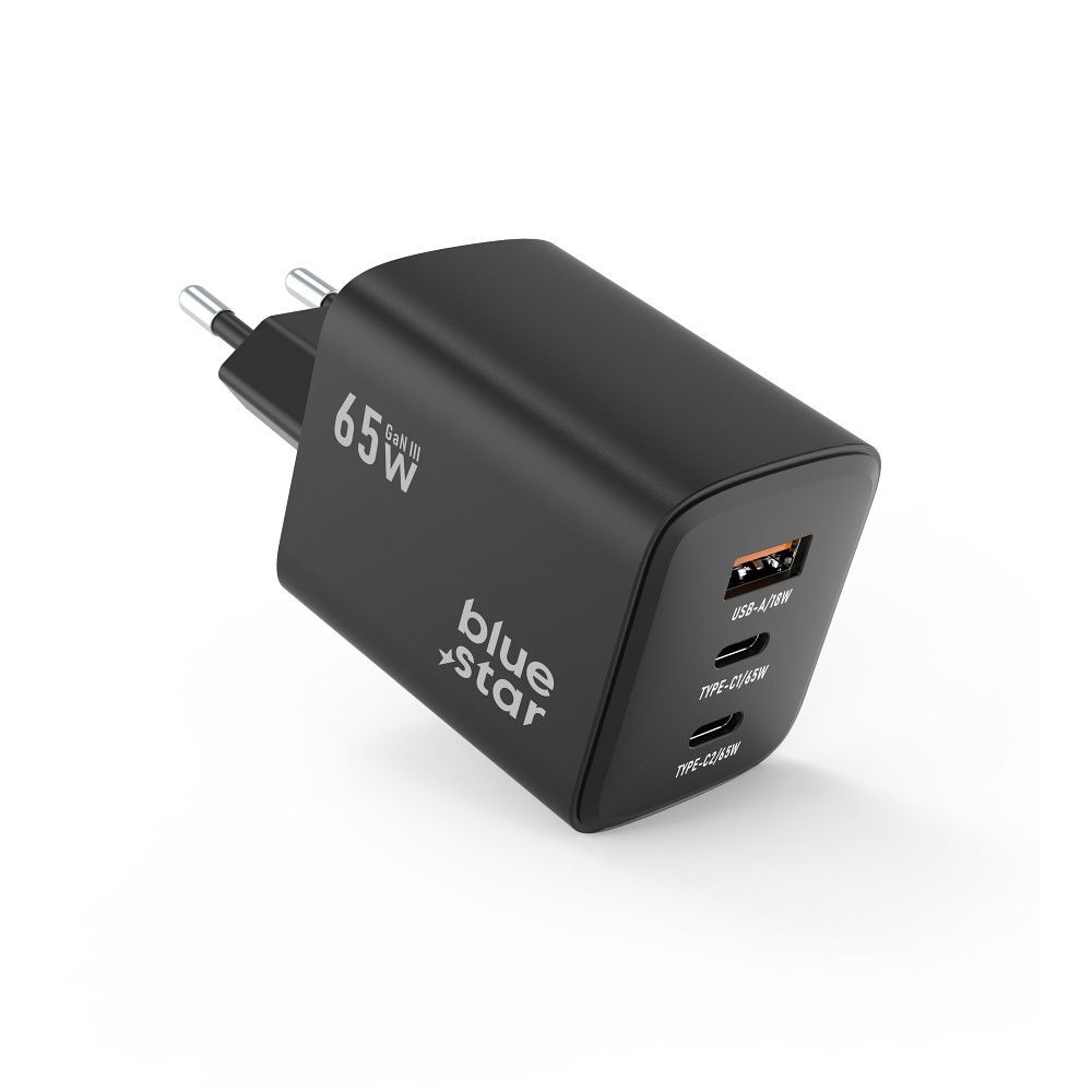 Zidni adapter Blue Star "VT-43" s GaN tehnologijom i PD 4.0, 1x USB-A i 2x USB-C izlazima 65W - crni
