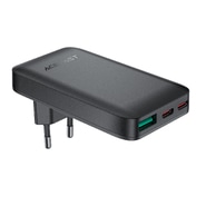 Premium ultra tanki zidni adapter Acefast "A100", s GaN tehnologijom, 1x USB-A i 2x USB-C izlazima 65W - črn