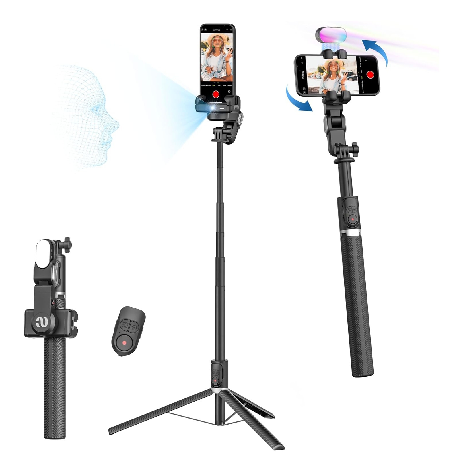 Gimbal stabilizator Smart M2 Pro - 1-osni AI 4u1 komplet s RGB lampicom, daljinskim upravljačem, tripod stalkom i selfie stickom - 160cm - carbon black
