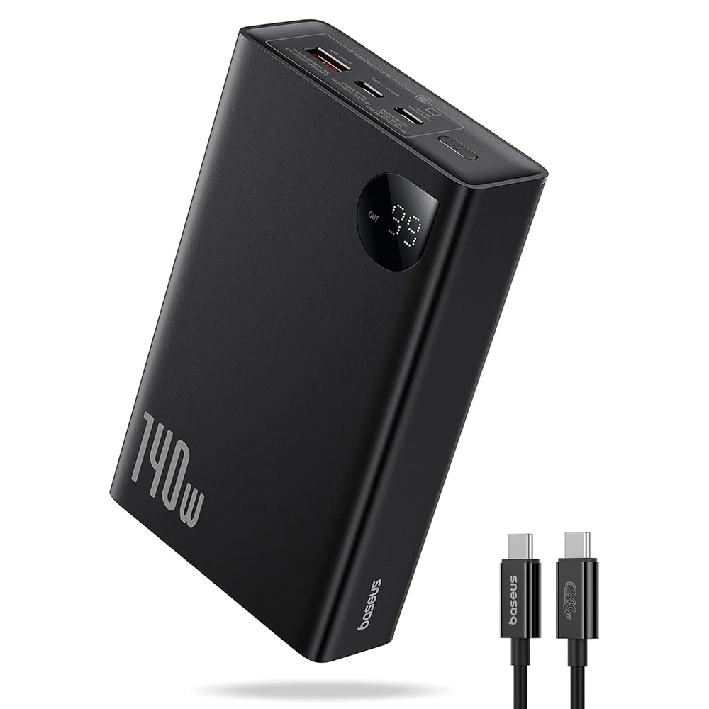 Power bank Baseus "Adaman" 140W s USB-A, dva USB-C izlaza za punjenje laptopa, s priloženim kablom za punjenje - 24000 mAh - crni