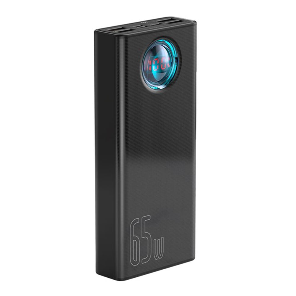 Power bank Baseus "Amblight" 65W s četiri USB-A, jednim USB-C, Lightning i Micro USB izlazima za punjenje za istovremeno brzo punjenje pet uređaja i priloženim 100W kablom- 30000 mAh - crni