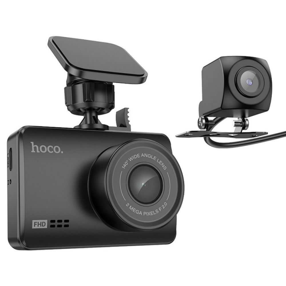 Prednja i zadnja automobilska kamera HOCO DV3 1080P s 2.45 inčnim IPS zaslonom i širokim kutom snimanja od 140° - crna