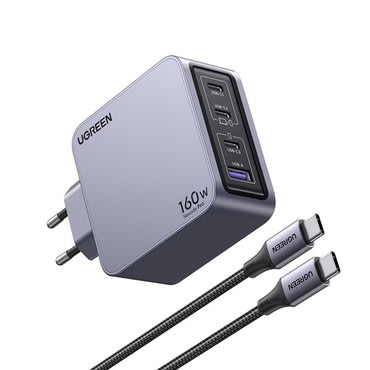 Zidni punjač Ugreen Nexode Pro X763 160W QC,  s GaN II tehnologijom, 1x USB-A i 3xUSB-C izlazima za brzo punjenje više uređaja odjednom + USB-C kabel - sivi Zidni punjač Ugreen Nexode Pro X763 160W QC,  s GaN II tehnologijom, 1x USB-A i 3xUSB-C izlazima za brzo punjenje više uređaja odjednom + USB-C kabel - sivi