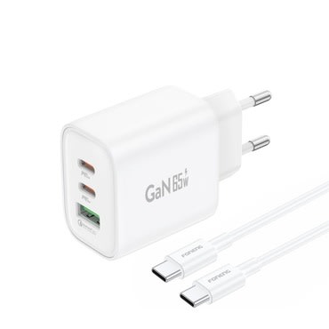 Zidni punjač Foneng GaN10 65W sa 2x USB-C i 1x USB-A izlazima, te Quick Charge 4.0 i Power delivery tehnologijo + USB-C kabel - bijeli