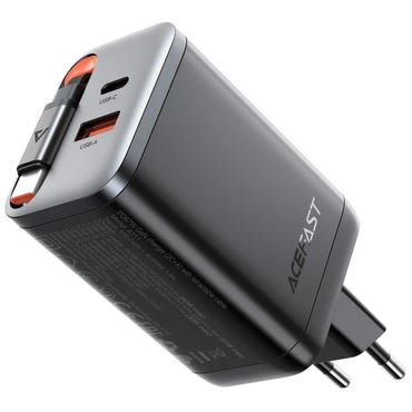 Premium zidni adapter za punjenje Acefast "A111" s GaN tehnologijom, 1x USB-C izlazom i 1x USB-A izlazom 67W i izvlačnim USB-C kablom - crni Premium zidni adapter za punjenje Acefast "A111" s GaN tehnologijom, 1x USB-C izlazom i 1x USB-A izlazom 67W i izvlačnim USB-C kablom - crni