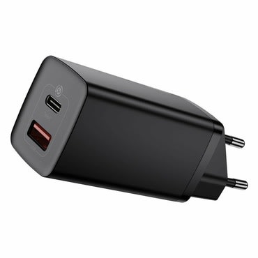 Zidni punjač Baseus 65W s GaN Lite tehnologijom i USB-C + USB-A izlazima za brzo punjenje - crni Zidni punjač Baseus 65W s GaN Lite tehnologijom i USB-C + USB-A izlazima za brzo punjenje - crni