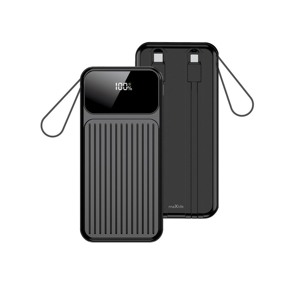 Powerbank Maxlife MXPB-06 s ugrađenim USB-C i Lightning kablom, 10000mAh kapacitetom i brzim 22.5W punjenjem - crni