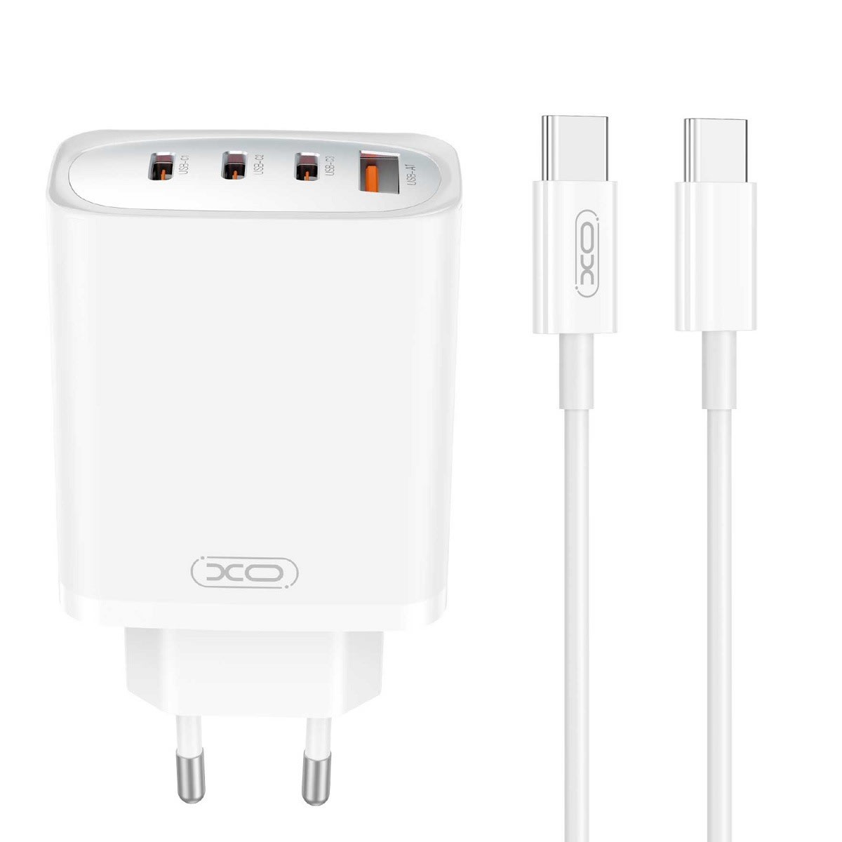 Zidni adapter za punjenje XO "CE23" s tri USB-C, jednim USB-A ulazom i USB-C u USB-C kablom, 65W - bijeli