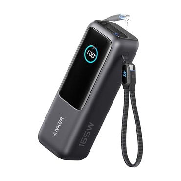 Power bank Anker "Zolo" 165 W s ugrađenim izvlačnim i običnim USB-C kablom, s tri USB-C ulaza i jednim USB-A ulazom - 25.000 mAh - sivi