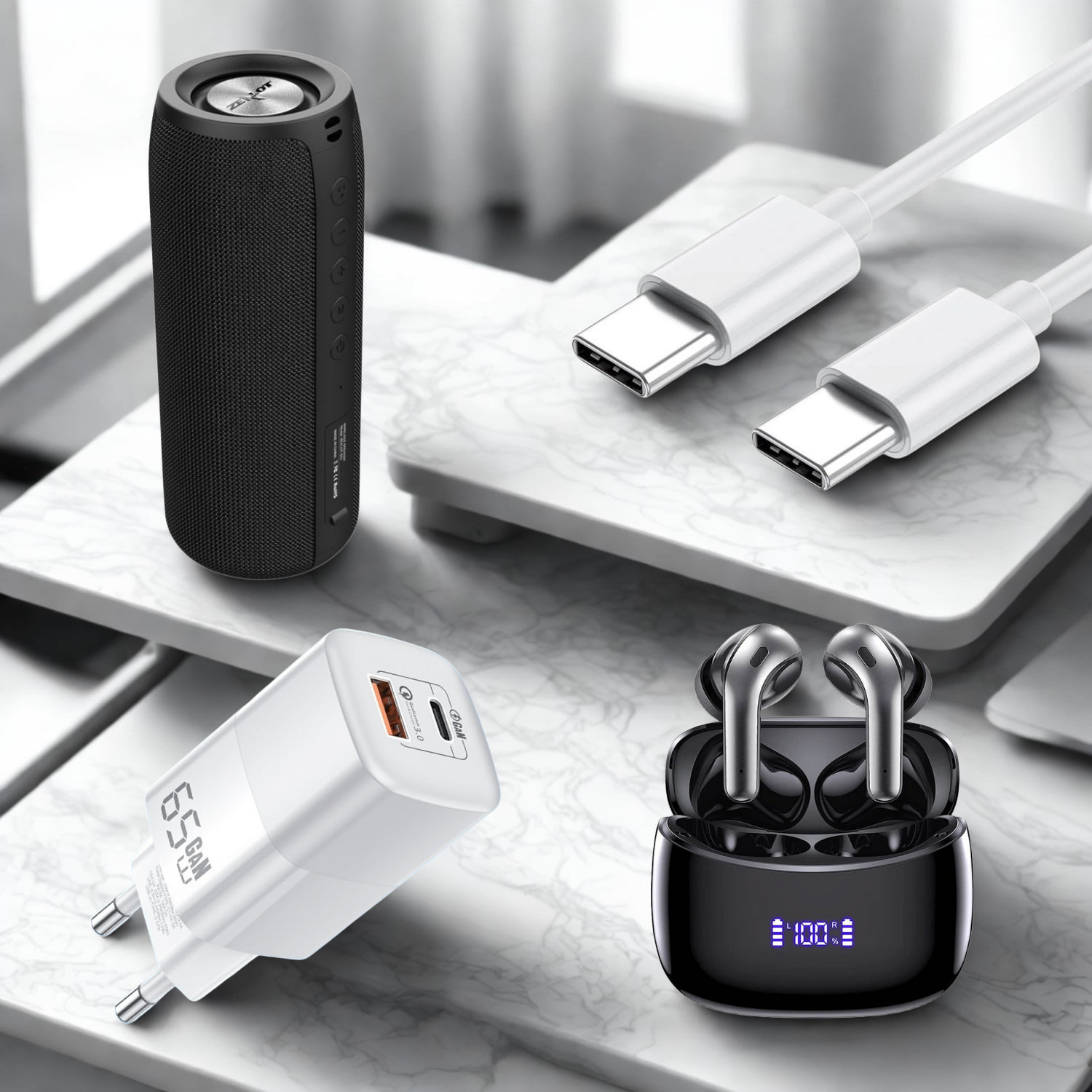 Premium Sound & Charge - Komplet vrhunskih ANC slušalica, zvučnika i brzog punjača 65W s kablom – 40% jeftinije