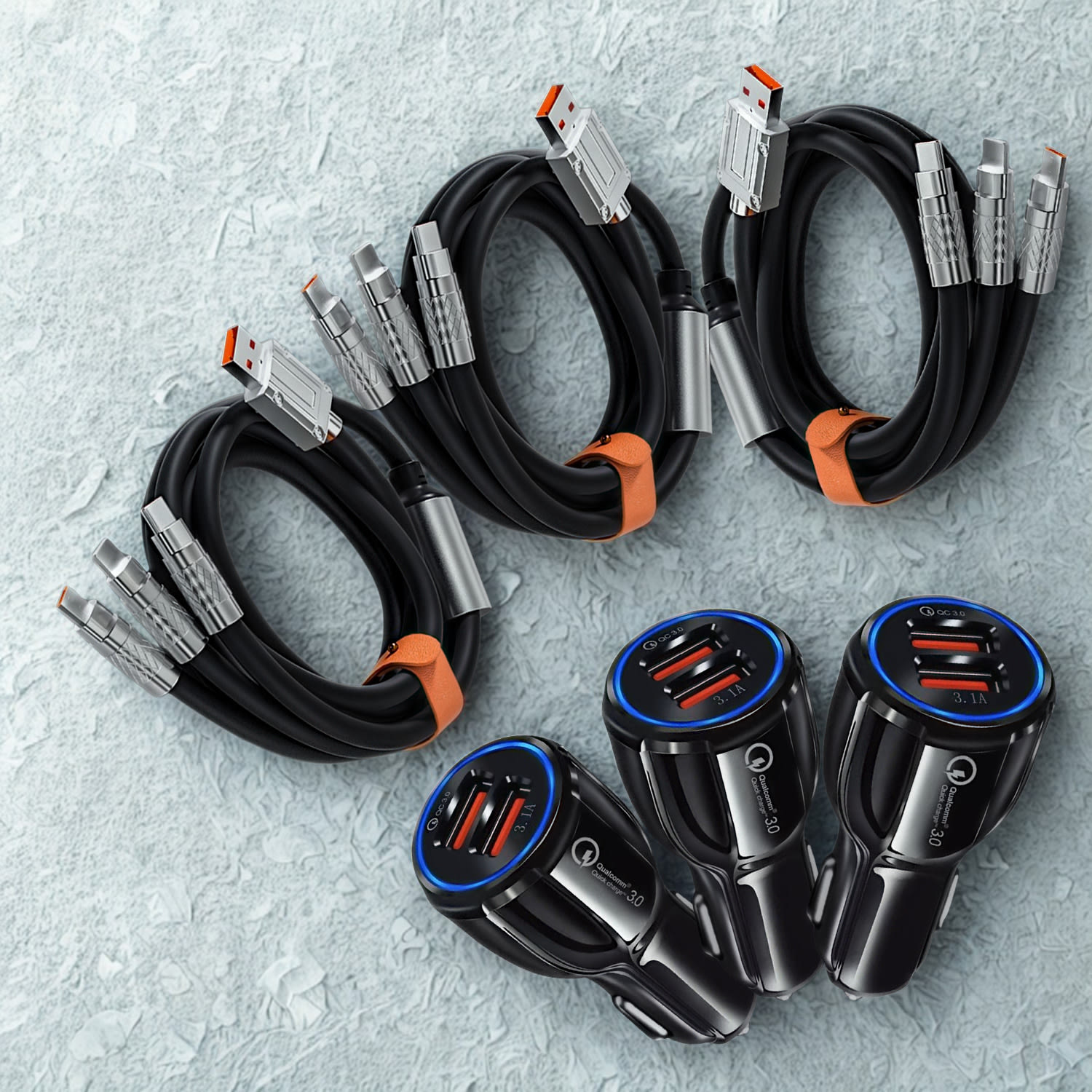 Essential Car Power Trio- 3x autopunjač s univerzalnim kablovima za sve telefone