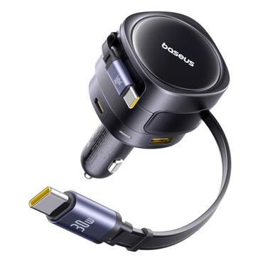 Autopunjač Baseus  "Enjoyment Max" s USB-C i USB-A izlazima te  dva izvlačna USB-C kabla PD 60W - sivi Autopunjač Baseus  "Enjoyment Max" s USB-C i USB-A izlazima te  dva izvlačna USB-C kabla PD 60W - sivi