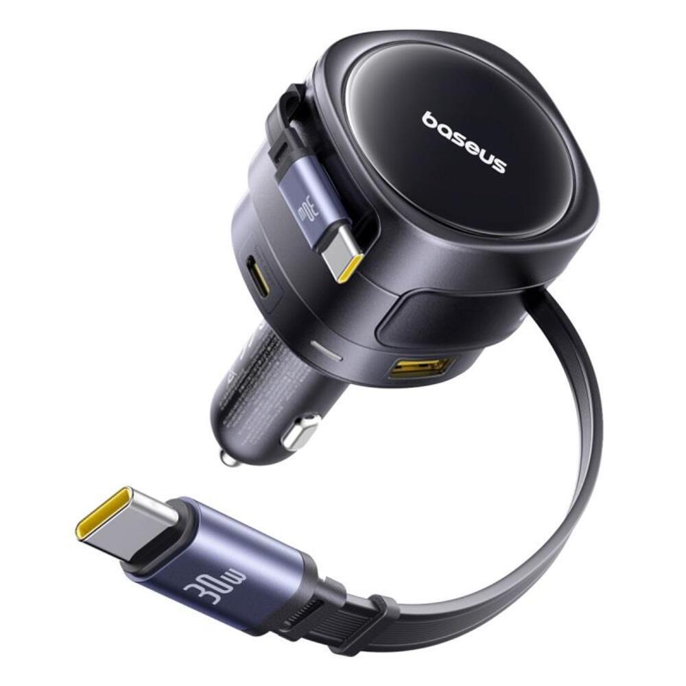 Autopunjač Baseus "Enjoyment Max" s USB-C i USB-A izlazima te dva izvlačna USB-C kabla PD 60W - sivi