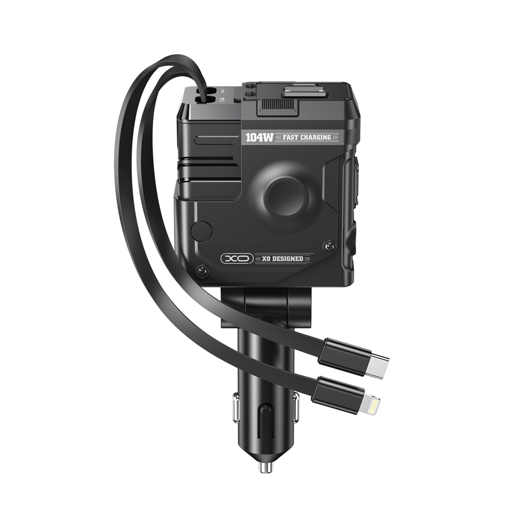 AutopunjačXO "CC66" s USB-C i USB-A izlazima te dva izvlačna kabla, USB-C i Lightning PD 104W - crni