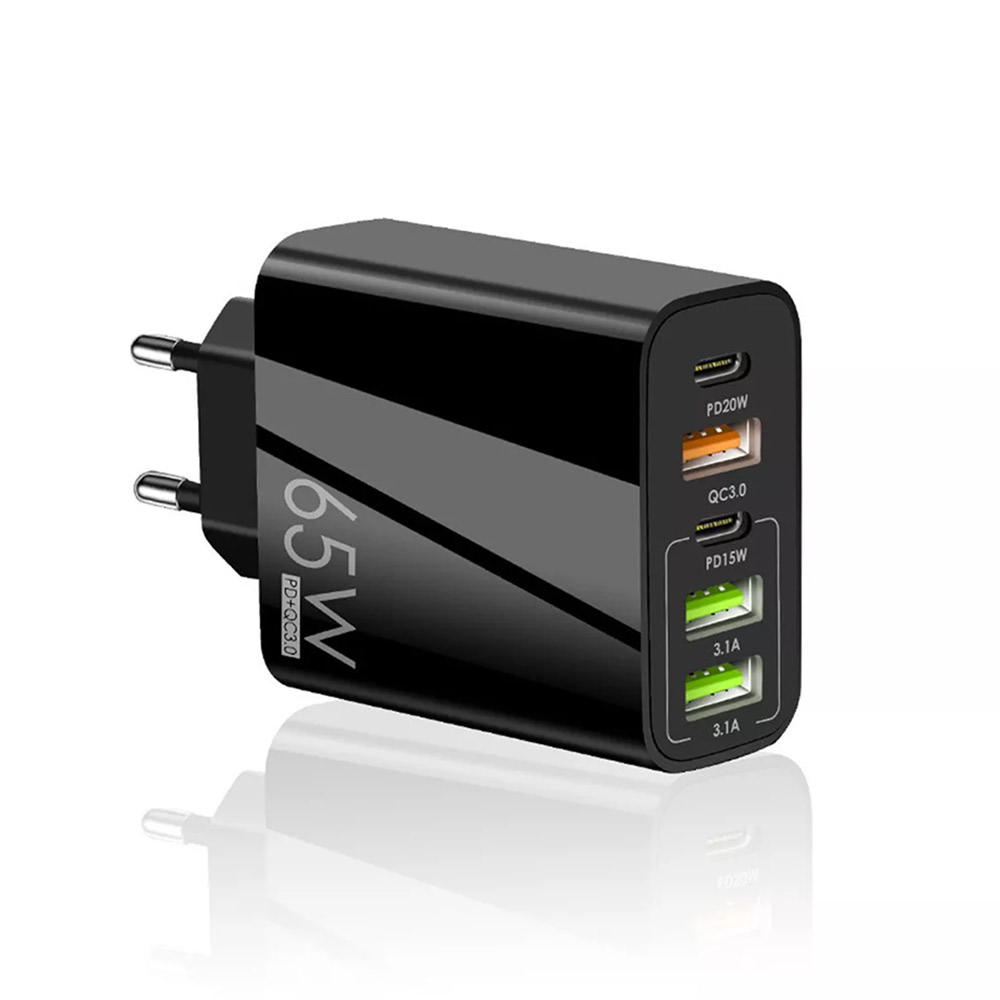 Zidni adapter za punjenje Techsuit "PentaxPower" GaN, s tri USB i dva USB-C izlaza 65W - crni