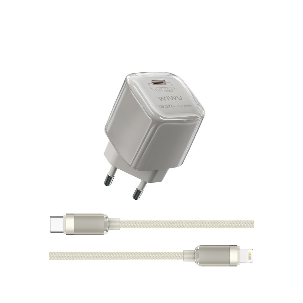 Zidni punjač WIWU "Jello" s USB-C izlazom, GaN 30W i priloženim USB-C u Lightning kablom - beige