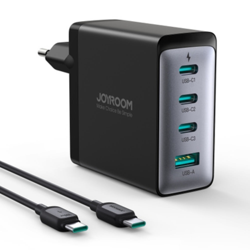Zidni punjač Joyroom 100W s GaN tehnologijom, tri USB-C i jednim USB-A ulazom i kablom USB-C u USB-C za brzo punjenje - crni
