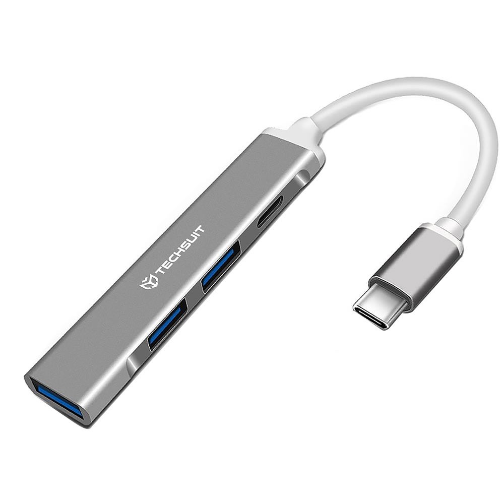 Multifunkcijski USB Hub Techsuit PolarisBridge 4u1 s 1x USB 3.0, 2x USB 2.0 i 1x USB‑C ulazom za jednostavno povezivanje - srebrni