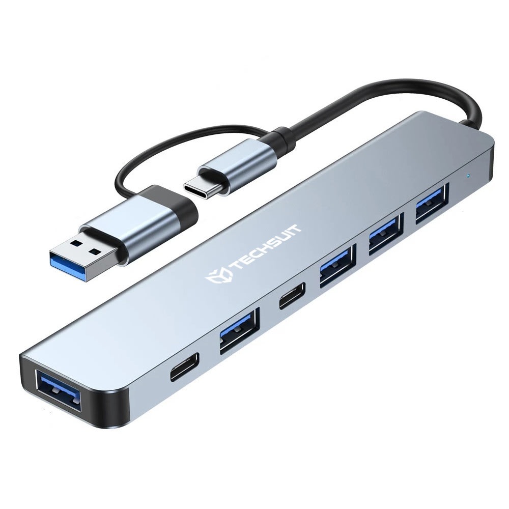 Multifunkcijski USB Hub TechSuit "DataBridge H6" sa 7 priključaka (USB‑A in USB‑C) za raznoliko korištenje - sivi