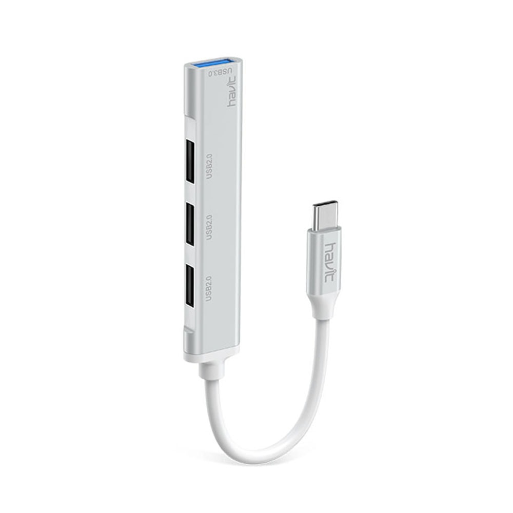 Aluminijska USB hub stanica Havit "HB41" s četiri USB izlaza – 3x USB 2.0, 1x USB 3.0 – srebrna – USB-C priključak