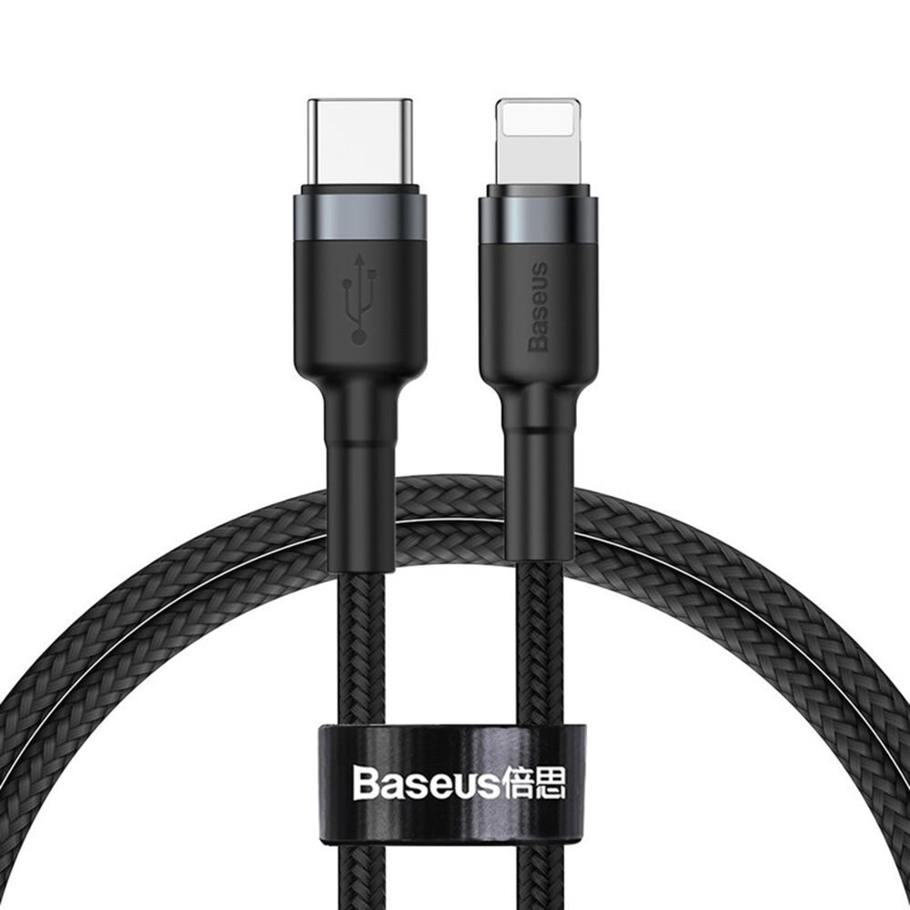 Punjački i podatkovni kabel Baseus "Cafule G1" USB-C u Lightning s 480 Mbps brzim prijenosom podataka, najlonskom pletenicom i brzim 18W punjenjem – 1m – crni