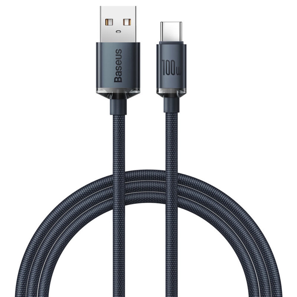 Punjački i podatkovni kabel Baseus "Crystal Shine" USB-A u USB-C sa 100W brzim punjenjem i ojačanim konektorima – 2m – crni