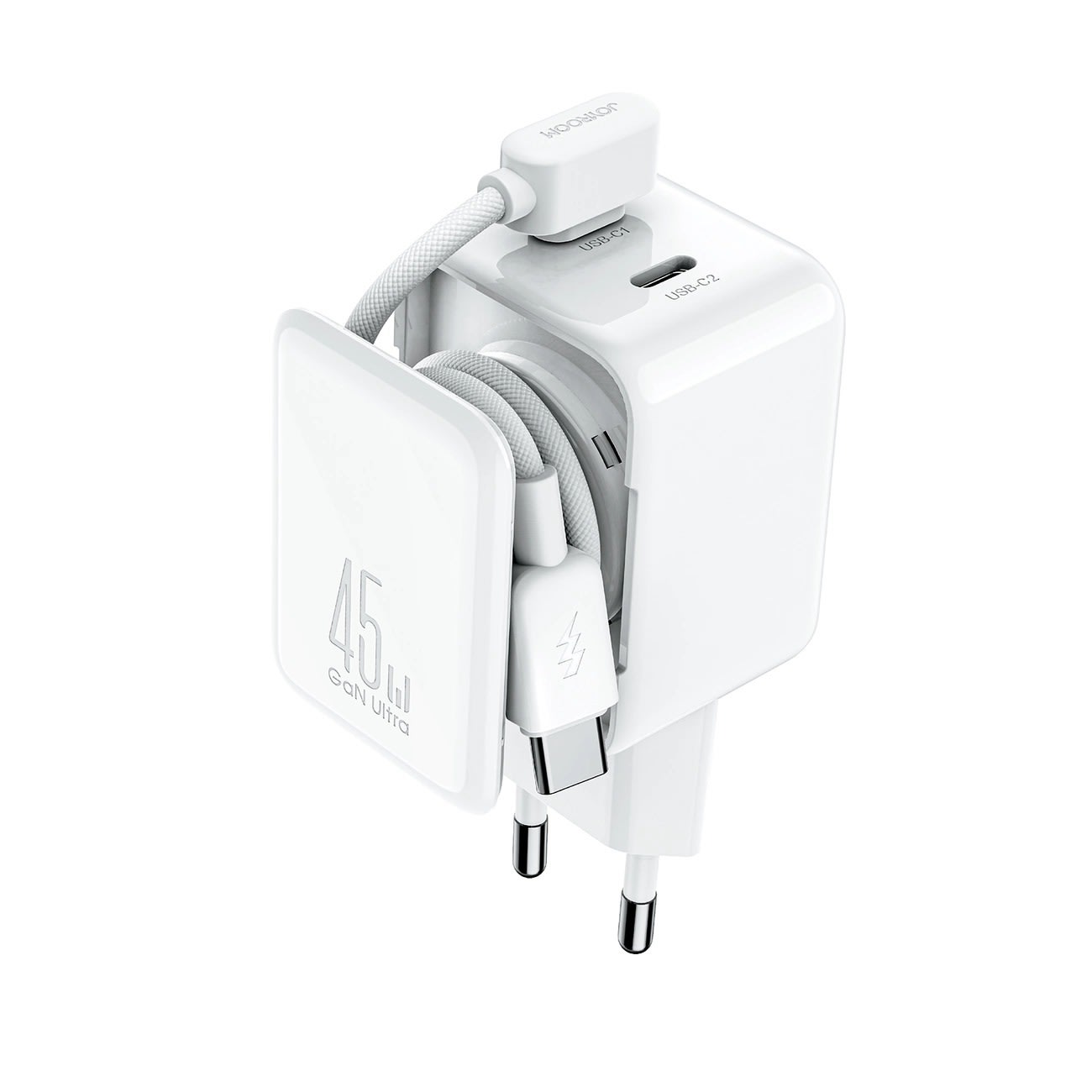 Zidni punjač Joyroom 45W "TCL05" s GaN tehnologijom, dva USB-C ulaza, organizatorom za kabele i USB-C u USB-C 60W kabelom – bijeli
