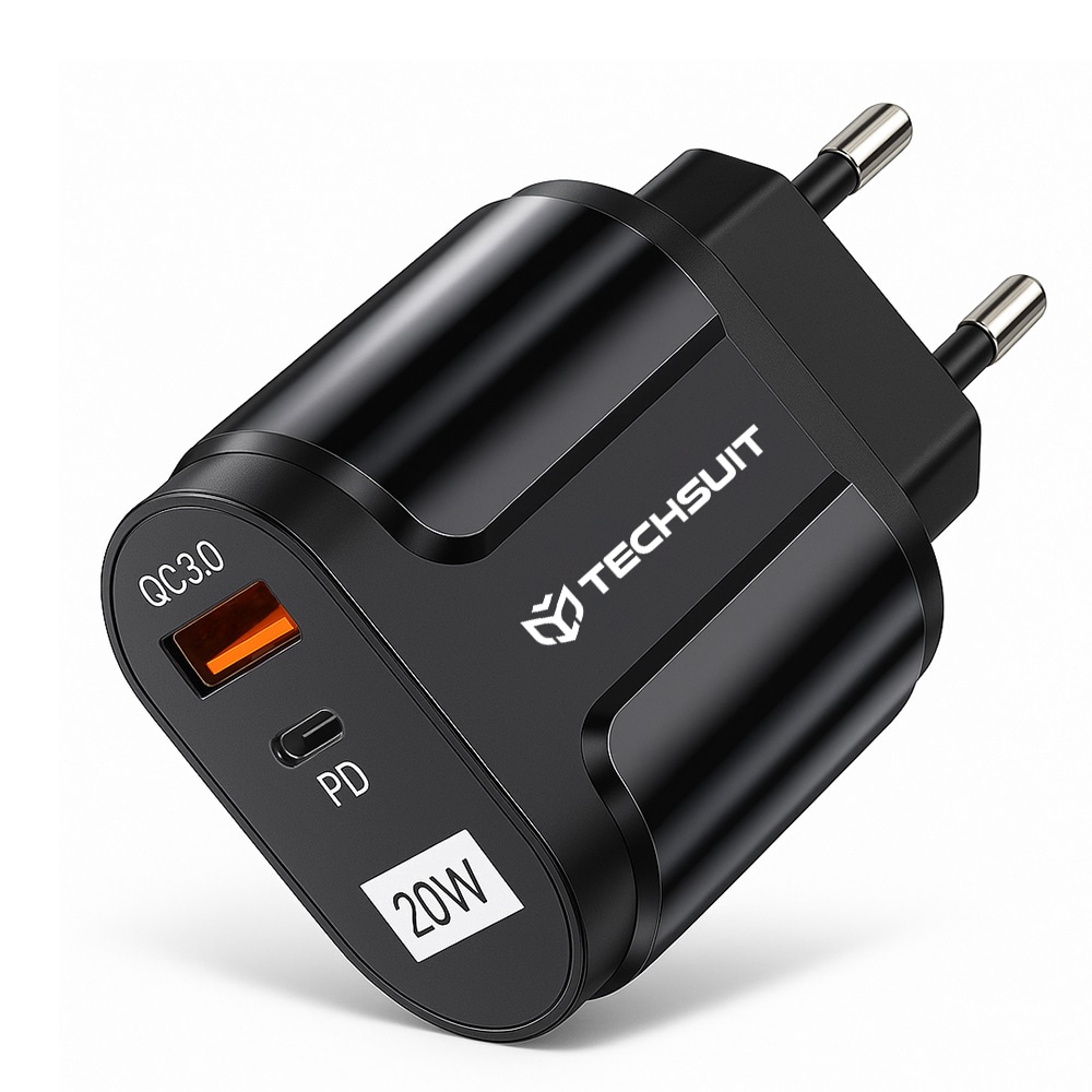 Zidni punjač Techsuit "Premium" s USB-A i USB-C priključkom, QC 3.0 podrškom i snagom od 20W – crni