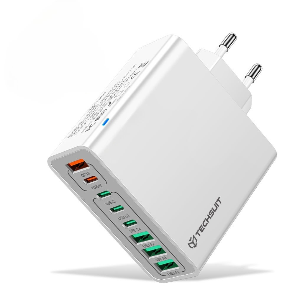 Zidni punjač Techsuit "CHPD224" s 8 izlaza (4× USB + 4× USB-C) i 65W brzim punjenjem – bijeli