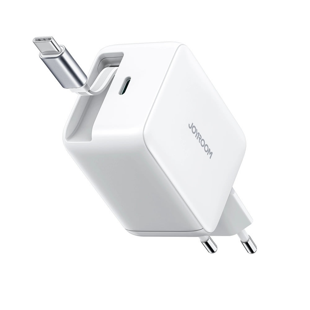 Stolni punjač Joyroom "JR-TCL06" 67W s GaN tehnologijom, ugrađenim uvlačivim USB-C kabelom i zasebnim izlazom - bijeli