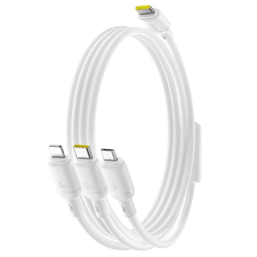 Punjački i podatkovni 100W kabel Baseus "Silky" 3u1 USB-C u Micro-USB, Lightning i USB-C – 1,5 m – Moon White