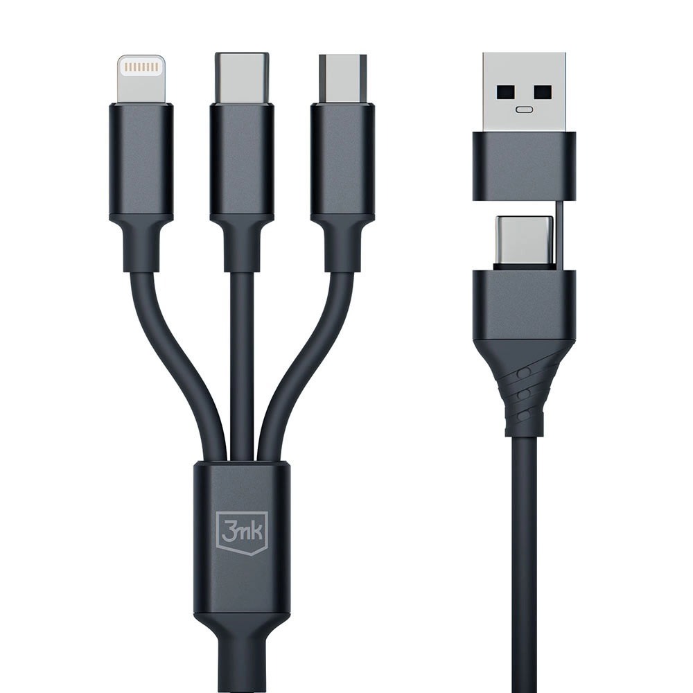 Punjački i podatkovni kabel 3mk "Hyper" 3u1 USB-C/USB-A na Micro-USB, Lightning i USB-C - 1.5 m - crni