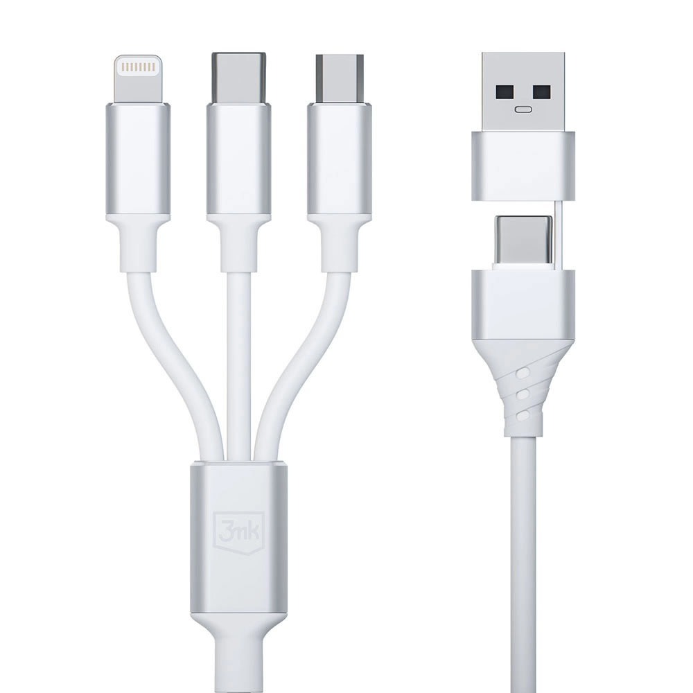 Punjački i podatkovni kabel 3mk "Hyper" 3u1 USB-C/USB-A na Micro-USB, Lightning i USB-C - 1.5 m - white
