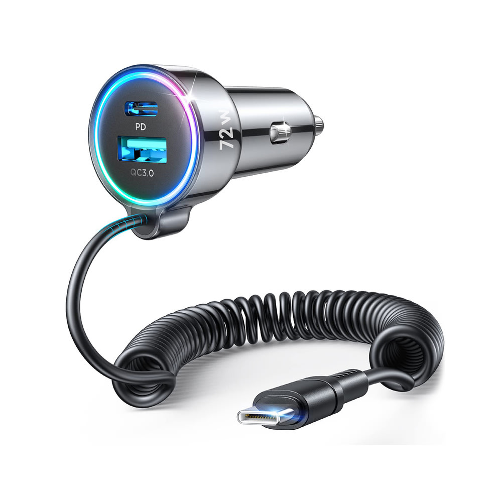 Autopunjač Joyroom "CL07" 72W - s ugrađenim USB-C kablom za punjenje i s USB i USB-C izlazima za punjenje i standardima brzog punjenja