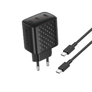 Zidni punjač Lito "LC22T" PD 45W s GaN tehnologijo, 2x USB-C ulazom i USB-C u USB-C kablom - crni