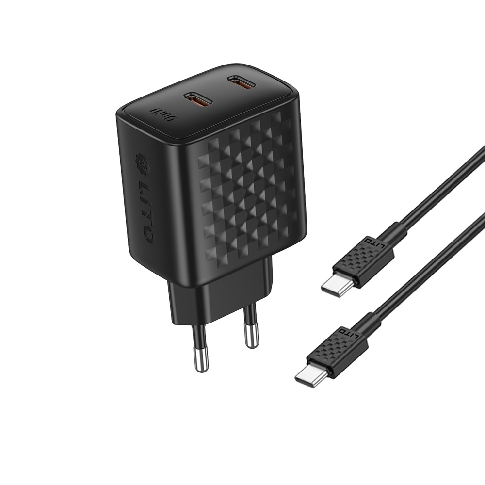 Zidni punjač Lito "LC22T" PD 45W s GaN tehnologijo, 2x USB-C ulazom i USB-C u USB-C kablom - crni