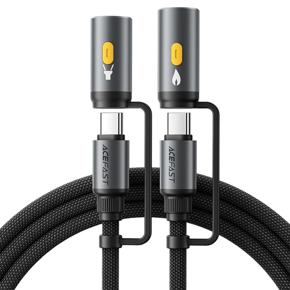 3u1 pleteni kabel za punjenje i prijenos podataka Acefast "J4" - USB-C u USB-C, s nastavkom LED lampicom i nastavkom za upaliti cigaretu, brzo punjenje 60W - 1.2 m - crni