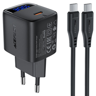 Zidni punjač Acefast A115 PD30W s GaN tehnologijom, LED prikazivačem snage i priloženim USB-C u USB-C kablom - crni Zidni punjač Acefast A115 PD30W s GaN tehnologijom, LED prikazivačem snage i priloženim USB-C u USB-C kablom - crni