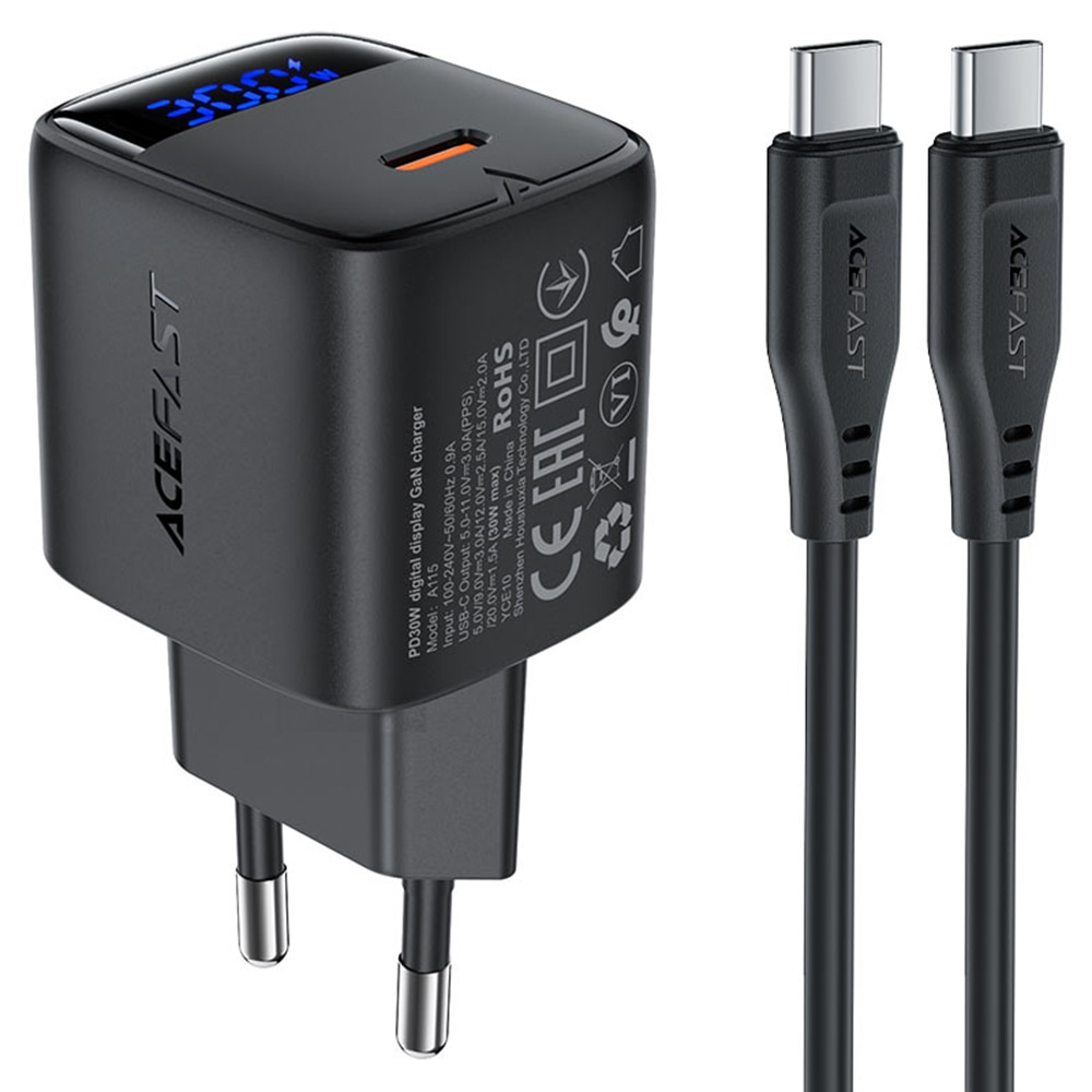 Zidni punjač Acefast A115 PD30W s GaN tehnologijom, LED prikazivačem snage i priloženim USB-C u USB-C kablom - crni