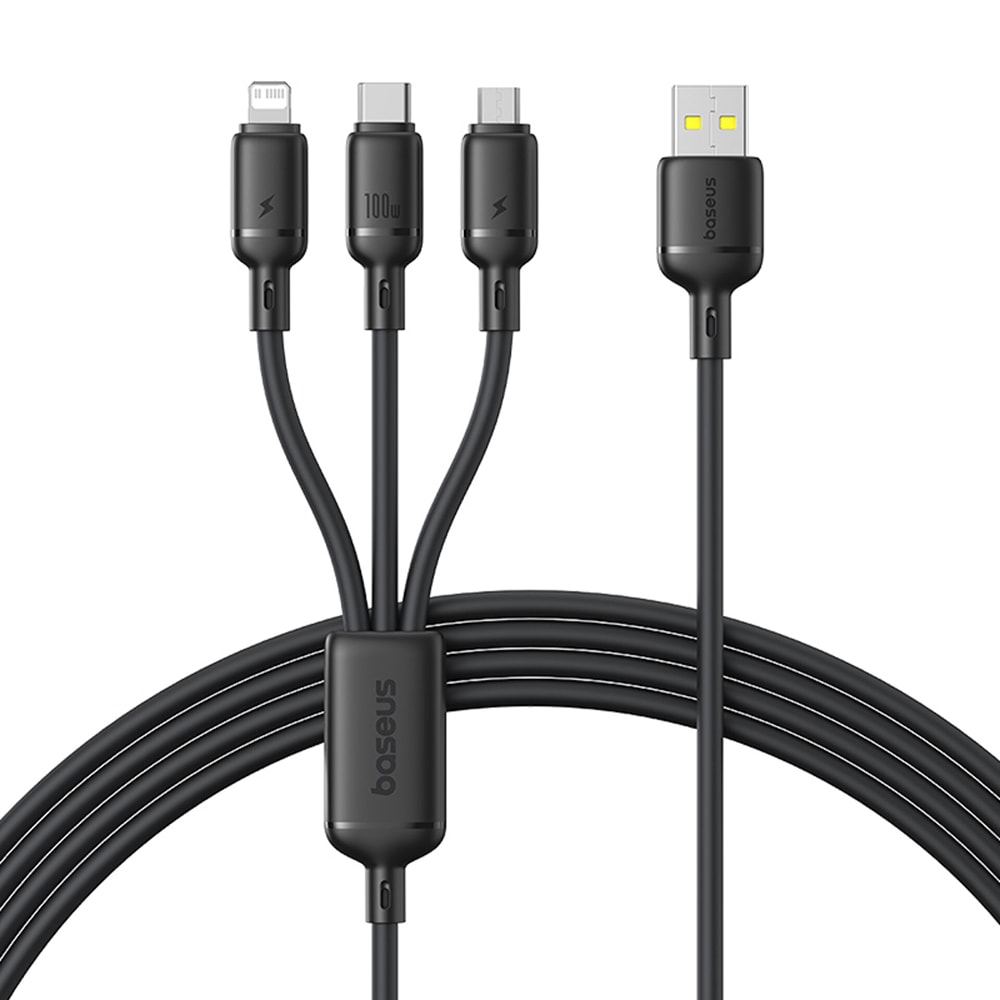 Kabel za punjenje Baseus "Rapid Series" - 3u1 kabel za punjenje USB u USB-C, Lightning i Micro USB priključke, s brzim punjenjen 100W - 1.5m - crni