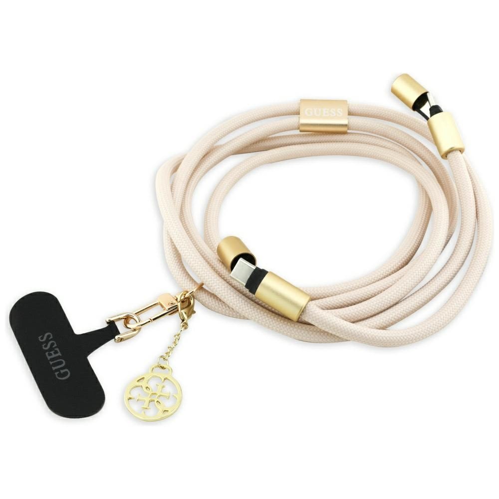 Originalni kabel za punjenje i prijenos podataka i vezica za telefon Guess "CBDY 4G Charm" USB-C u USB-C - 1.5m - bež