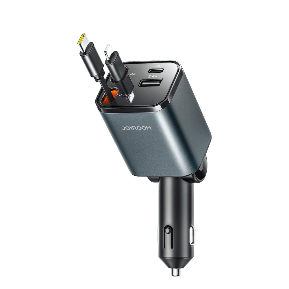 Autopunjač Joyroom "CCL05" 4u1 sa USB-C i USB-A ulazom i dva izvlačna kabla USB-C i Lightning 30W - crni