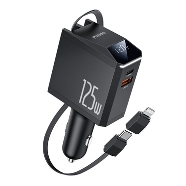 Autopunjač Yesido  "Y71" 4u1 s USB-C i USB-A ulazom te izvlačnim kablom USB-C i s Lightning adapterom 125W i LED zaslonom - crni