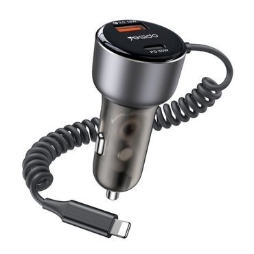 Auto punjač Yesido Y57 50W s ugrađenim Lightning kabelom i USB-C + USB-A priključcima - crni Auto punjač Yesido Y57 50W s ugrađenim Lightning kabelom i USB-C + USB-A priključcima - crni