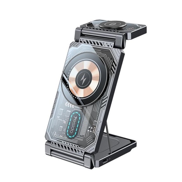 Bežična, sklopiva 15W QI postaja za punjenje 2u1 Yesido  "DS25" s brzim punjenjem i ugrađenim stalkom - black