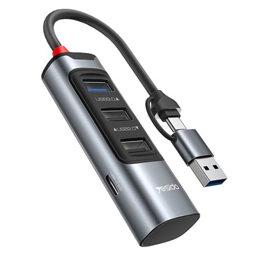 HUB postaja Yesido 4v1 "HB19" sa četiri USB izlaza - 3x USB-A, 1X USB-C - 100W i gbps - sivi - usb-C i USB-A priključak